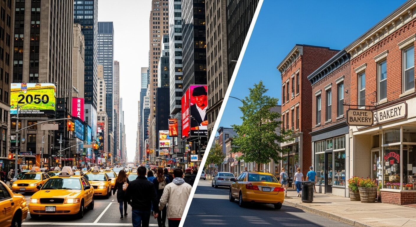 comparison of city jobs vs small town jobs in USA