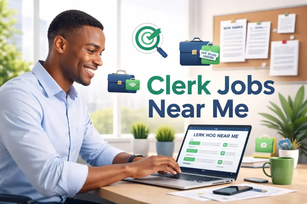 team reviewing clerk job listings and applying for office jobs in modern workspace