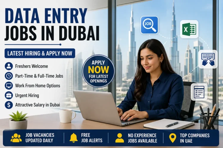 Data entry jobs in Dubai promotional banner showing office work, laptop typing, job search icons, and hiring opportunities for freshers and professionals