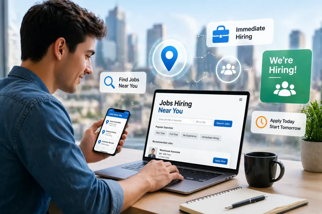 person searching jobs hiring near me on laptop with local job listings and immediate hiring opportunities in USA