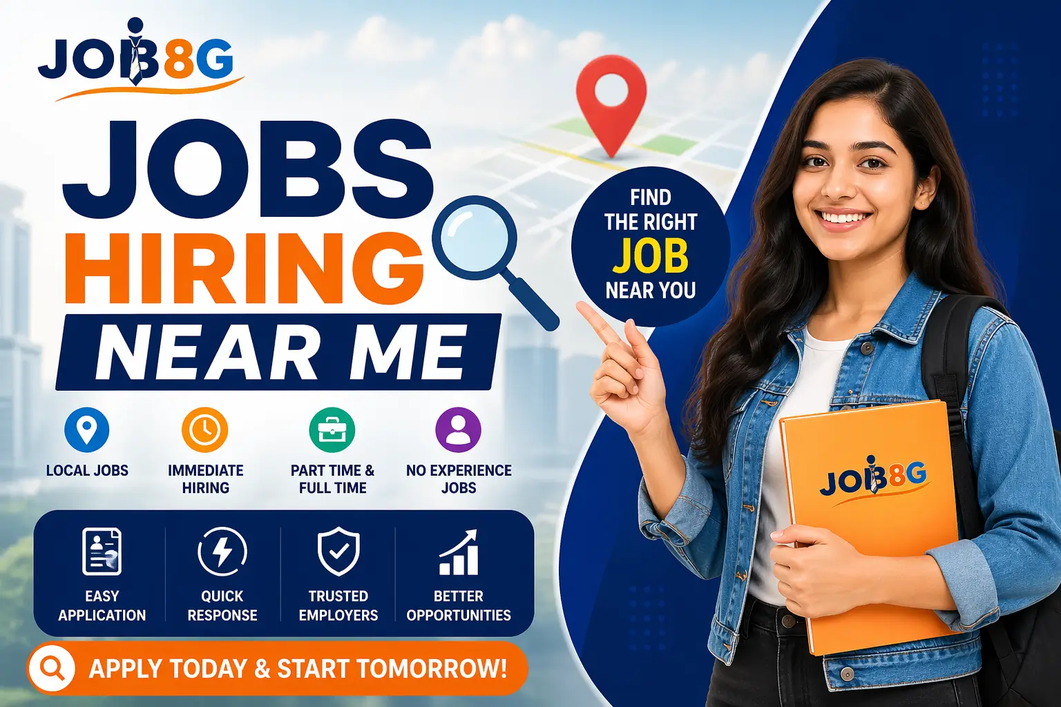 Jobs hiring near me banner showing local job search, immediate hiring, part time jobs, and no experience opportunities for USA job seekers