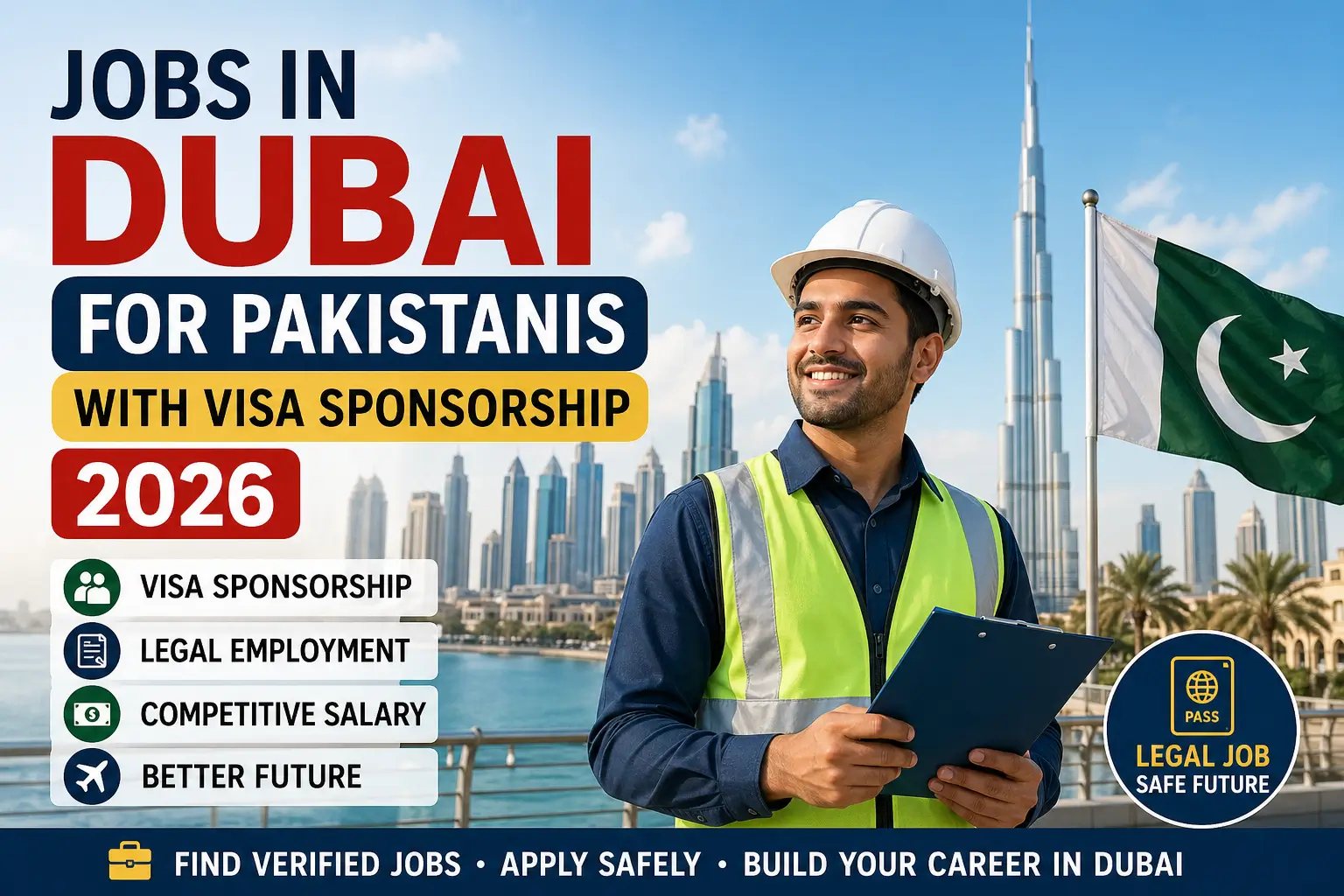 Jobs in Dubai for Pakistanis with visa sponsorship 2026, worker with safety helmet in Dubai skyline holding documents, Burj Khalifa background, legal employment and job opportunities UAE