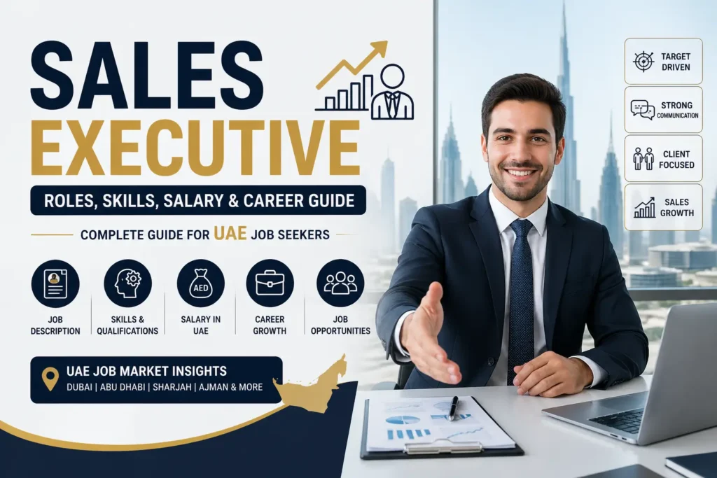 Sales Executive in UAE professional banner showing business person with Dubai skyline, highlighting skills, salary, job roles, and career growth opportunities