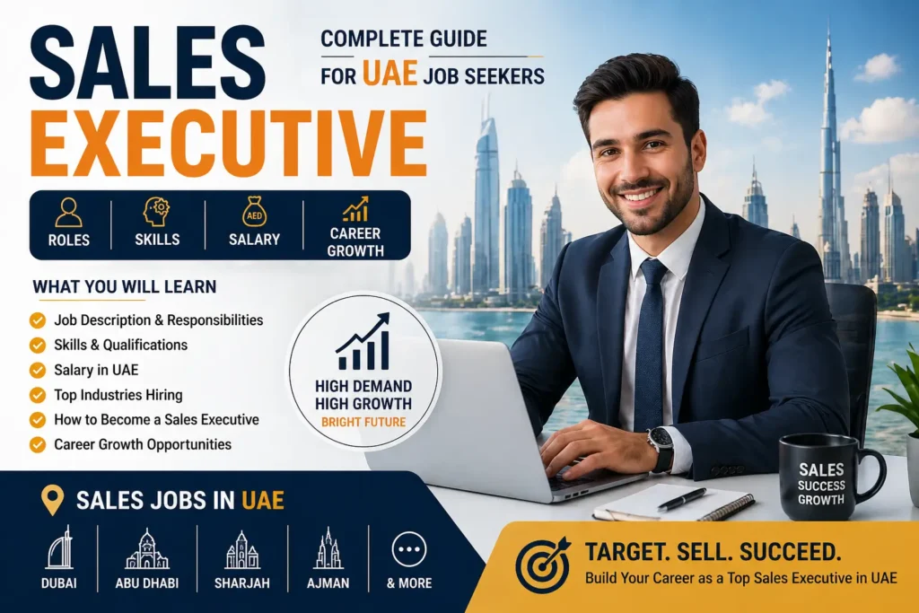 Sales Executive in UAE professional banner showing business person with Dubai skyline, highlighting skills, salary, job roles, and career growth opportunities