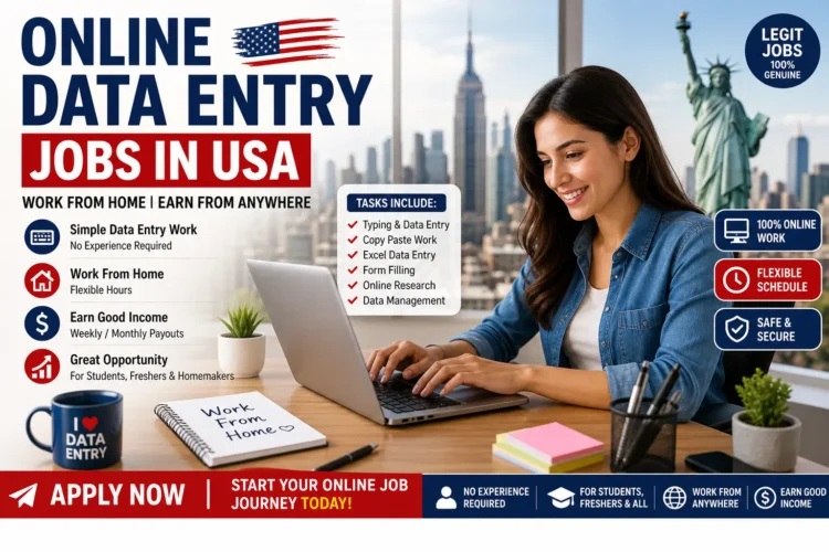 online data entry jobs in USA work from home banner showing laptop typing, remote job setup, and flexible earning opportunities for beginners